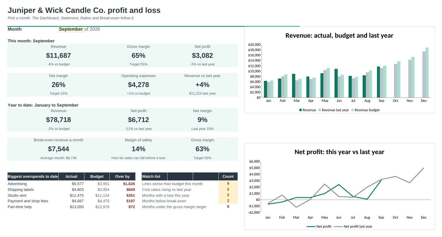 Profit and Loss Pro: Dashboard tab